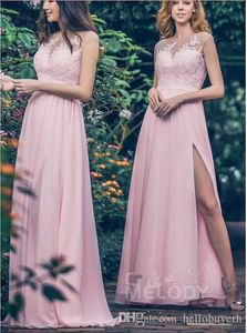 Eine Linie rosa Brautjungfernkleid Lange geteilte vordere Spitzen -Top -Party -Prom -Kleider Chiffon Vestido de Novia Abendkleider