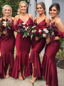 Vintage Burgundy Spaghetti Mermaid Bridesmaid Dresses Cheap Off Shoulder Hi-Lo Formal Prom Evening Gown Long Miad Of Honor Dresses