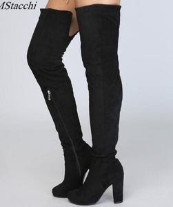 여성 스트레치 가짜 스웨이드 허벅지 높은 부츠 섹시한 패션 무릎 부츠 하이힐 여성 신발 블랙 그린 크기 35-42