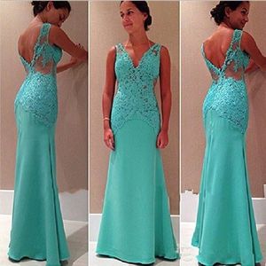 Elegant Evening Dresses Sexy Backless V Neck Lace Appliques Mermaid Prom Gowns Long Mother Of The Bride Dress
