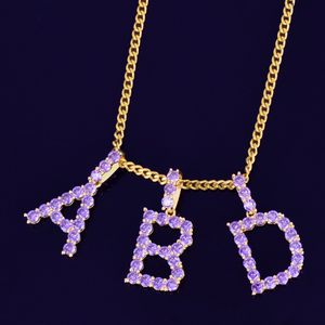 Ny Ice Out Purple Zircon Tennisbrev Hängsmycke Halsband för män / Kvinnor Guld Silver Fashiom Hip Hop Smycken med repkedja