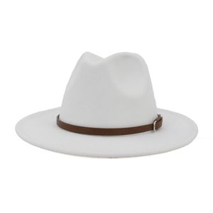 European US Women Men Artificial Wool Felt Fedora Hats with Coffee Leather Band Wide Brim Panama Jazz Cap White Black Large Size