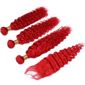 Cheap Malaysian Bright Red Human Hair Bundles Deep Wave with Closure Colored Red Deep Wavy 4x4 Front Lace Closure with Weaves 4Pcs Lot
