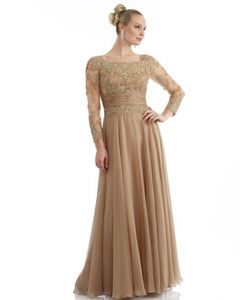 Custom Made New Design Fashion Gold Mother Of The Bride Dresses Chiffon Crew Long Sleeve Floor Length Evening Dress