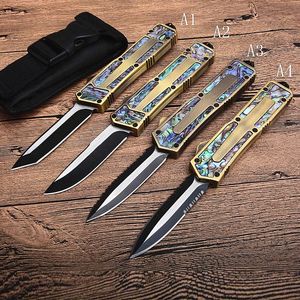 Gold Color AUTO Tactical knife 440C Black Oxide + Wire Drawing Blade Abalone shell & Aluminum alloy Handle With Nylon Bag