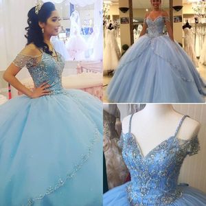 Princess Sky Blue Crystal quinceanera dresses bling puffy tulle prom evening gowns lace up cap sleeves sweet 16 dresses Vestidos 15 anos