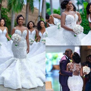 African Plus Size Mermaid Wedding Dresses Spaghetti Lace Appliqued Pearls Beads Sheer Country Custom Made Beach Bridal Gowns