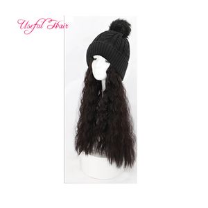 Baseball Hat knitted wool wig hat Synthetic Hair Warm Long Wavy Hair Warms knitted wool hat Cap new style cap warm hair