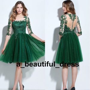 New 3/4 Length Sleeves Appliques Button Graduation Cocktail Dresses Homecoming Dresses Short Party Evening Gowns Plus Size Hot Sale GD7818