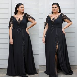 Stylish Lace Appliqued Plus Size Prom Dresses With Long Sleeves V Neck Beaded Side Split Evening Gowns Floor Length Chiffon Formal Dress