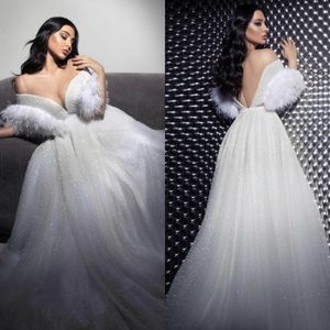 2020 Arabic Sparkly Evening Dresses Off The Shoulder Beads Tulle Feather A Line Prom Dress Plus Size Backless Formal Occasion Gowns