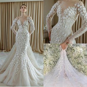 3D Flower Appliques Mermaid Wedding Dresses Sheer Neck Lace Long Sleeve Bridal Gowns Plus Size Saudi Arabic Pearls Beads Wedding Gowns