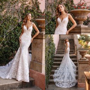 2020 Vestidos de Noiva de Sereia de Primavera Sexy Profundo V Neck Lace Appliques Nupcial Vestidos De Neve Back Beach Vestido de Noiva