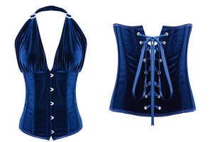 Atacado-alta qualidade tecido veludo profundo azul halter corset características frente busk fechamento lace-up para cinching lingerie sexy c8454