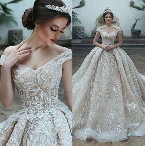 Vestido de novia arabiska lyx dubai v-hals tulle applique bröllopsklänning 2020 elegant av axel bröllop brudklänningar robe de marie