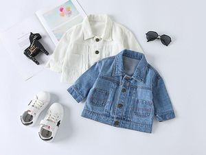 Mädchen Jungen Kinder Herbst Jean Jacke Mantel Kinder Baby Denim Outwear Frühling Herbst Baumwolle Cartoon Gedruckt Kleidung weiß blau