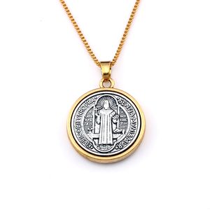 10pcs/lots Antique Gold St Benedict Cross Medal Charm Pendant Necklaces For Male Jewelry Fashion Accessories Chain 23.6inches A-557d