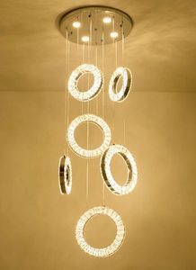 Nordic Luxury LED Crystal Chandelers Ring Lång Hängande Lampa Individuell Duplex Spiral Trappa Lights Living Room Decor Fixture Myy