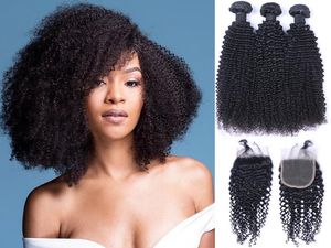 Brazilian Kinky Curly Human Hair Weaves with Closures Double Weft Dyeable Pre-plucked Natural Hairline