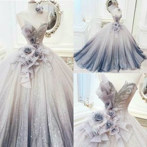 Fairy Ball Gown Prom Dresses Sheer Jewel Neck Handmade Flowers Evening Dress Beaded Arabic Party Gowns Formal Robes