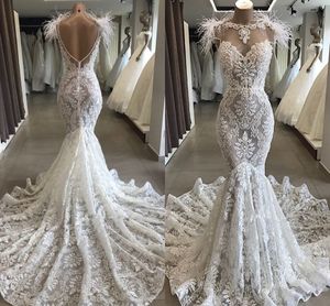 Luxury Feather Mermaid Wedding Dresses 2020 Full Lace Beaded Pearls Sheer Neck Backless Beach Bohemian Bride Dress vestidos de n