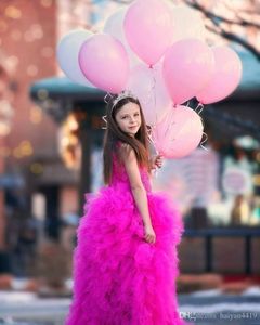 2017 Girls Pageant Dresses Princess Tulle Lace Applique Pearls Fuchsia Jewel Neck Tiered Skirts Kids Flower Girls Dress Cheap Birt284O