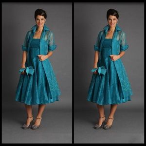 Blaugrüne Organza-Brautmutterkleider in Teelänge mit langer Jacke, elegante formelle lange Partykleider für Damen 2019