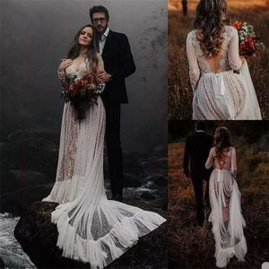 Boho A-Linie Brautkleider, hoher V-Ausschnitt, lange Ärmel, Punktapplikationen, Spitze, Brautkleid, Strand, Sweep-Zug, maßgeschneiderte Roben de Mari￩e, günstig