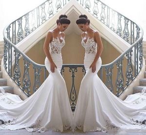2020 Beach Cheap Mermaid Wedding Dresses Spaghetti Strap Lace Applique Sweep Train Satin Boho Wedding Bridal Gowns Robes De Mariée Hot Sell