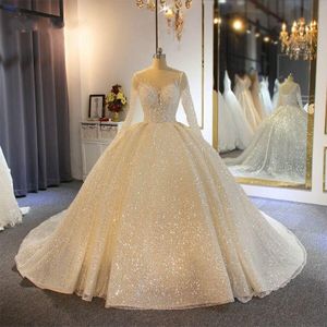 Shining Sparkly Ball Gown Wedding Dress Puffy Tulle Crystal Sequined Bridal Dress Sweep Train Garden Luxury Wedding Gowns Sheer Ne244E