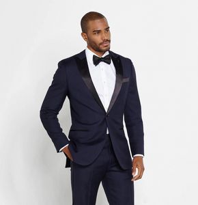 Ny ankomst Dark Navy Mens Passar Slim Fit One Button Groom Bröllop Tuxedos Två Pieces Custom Suit (Jacket + Pants + Bow Slips)