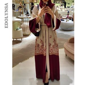 Red Embroidered Front Open Abaya Robe: Belted Muslim Dress for Eid
