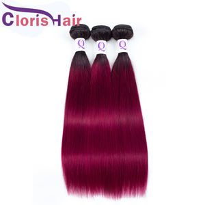 Outlet Two Tone 1B Burgundy Human Hair Weave 3 Bundles Silky Straight Peruvian Virgin Ombre Weft Cheap Red Colored Extensions Deals On Sale