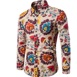 Varumärke Kläder Skriv ut Skjorta Manlig Flax Casual Dress Skjortor Slim Fit Turn Down Men Långärmad Män s Hawaiian Shirt Storstorlek Kvalitet