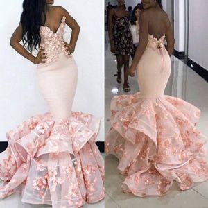 Pink Mermaid Prom Dresses Handmade 3D Floral Flowers Formal Evening Occasion Wear South African Vestidos Tiered Ruffles BA9645