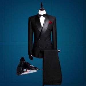 Popular Double-Breasted Groomsmen Shawl Lapel Groom Tuxedos Men Suits Wedding/Prom Best Man Blazer ( Jacket+Pantst+Tie) 992