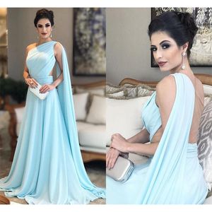 Light Blue Chiffon African Women Elegant Formal Evening Dresses 2020 One Shoulder Pleated Draped Wraps See Though Back Prom Cocktail Party
