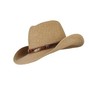 Western Cowboy Solhatt För Män Cowgirl Sommarhattar Halm Solskydd Strandhatt Med Legering Fjäderpärlor Panama Keps