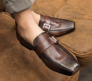 Erkekler gerçek deri loafer elbise ayakkabıları düşük üst nefes alabilen slip-on daireler kare ayak parmağı deri ayakkabı yüksek kaliteli moda parti ayakkabıları İngiliz st