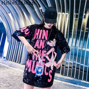Hello528shop Fashion Top con paillettes leopardate rosa per donna - T-shirt a maniche corte Camicie larghe con paillettes nere larghe da donna