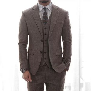 Outono inverno estilo tweed noivo smoking entalhe lapela dois botão popular homens vestido de casamento homens 3 peça terno (jaqueta + calça + gravata + colete) 999