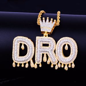 Custom Name Gold Crown Bail gotejamento Cartas de Homens colares Pendant Ice Fora Cubic Zircon Rock Street Hip Hop Jewelry