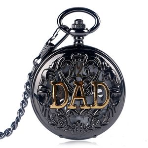 Vintage Golden Dad Hollow Case Saatler Siyah El Sargı Mekanik Cep Saati Erkekler Daddy Baba Retro Saat Fob Kolye Zincir Hediyeler