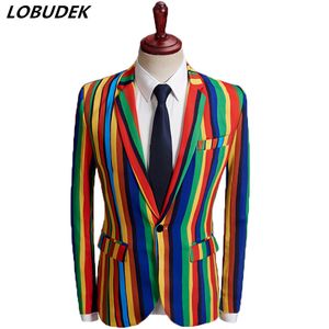 Men's Colorful Stripes Print Blazer Coat Casual Suit Jacket Personality Slim Lapel Collar Single Button Bar Stage Singer Tuxedo Studio Shoot Host Floral Blazer