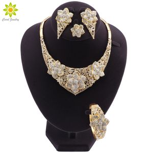 Dubai Gold Jewelry Conjuntos para Mulheres Trendy Pulseira Colar Brincos Anel Set Nupcial Partido de Casamento Jóias Presentes