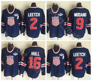 2002 Equipe EUA Hóquei No Gelo 16 Brett Hull Jersey Homens Azul Marinho Vintage Casa 2 Brian Leetch 9 Jerseys Mike Modano Tudo Costurado
