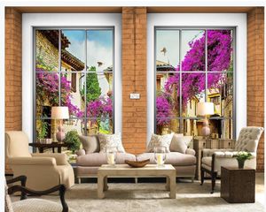 نافذة 3D ستيريو الأوروبي جدار من الطوب الأصفر التلفزيون خلفية جدار غرفة المعيشة الحديثة خلفيات