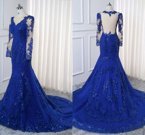 Illusion manica lunga sirena abiti da ballo 2019 royal blue sparkly applique pizzo sheer scollatura abiti da sera cocktail party dress abiti lungo