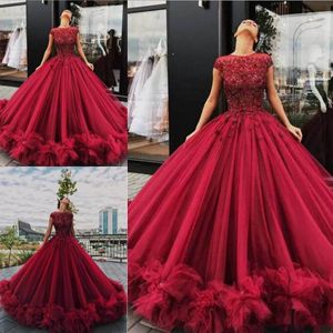 Newest Dark Red Quinceanera Dresses With 3D-Flowers Ball Gown Lace Appliques Ruffled Jewel Short Sleeve Long Formal Sweet 16 Prom Dresses