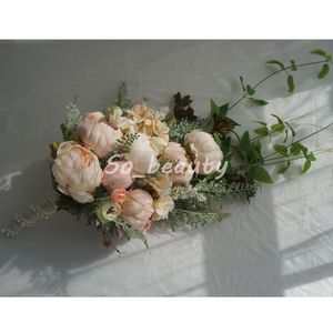 Bouquet da sposa a cascata di peonia rosa Bouquet da sposa Sposa Ragazza Fiori Decorazione per feste a casa Fiore da tavolo finto Bianco Rosa269d